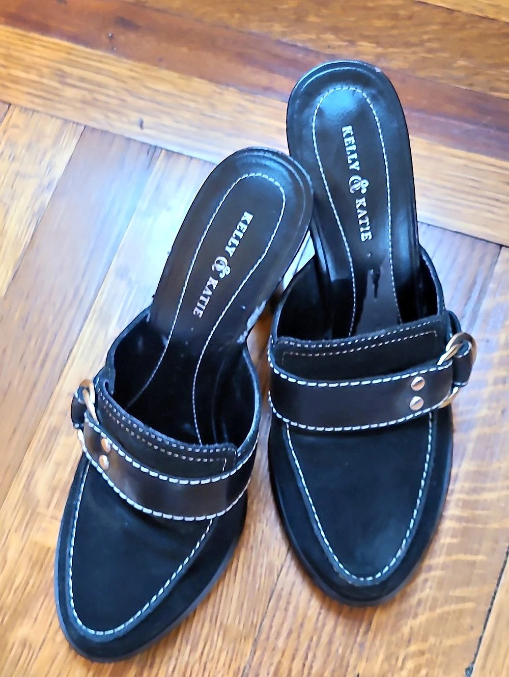 Kelly & Katie Black Buckle Heeled Mules